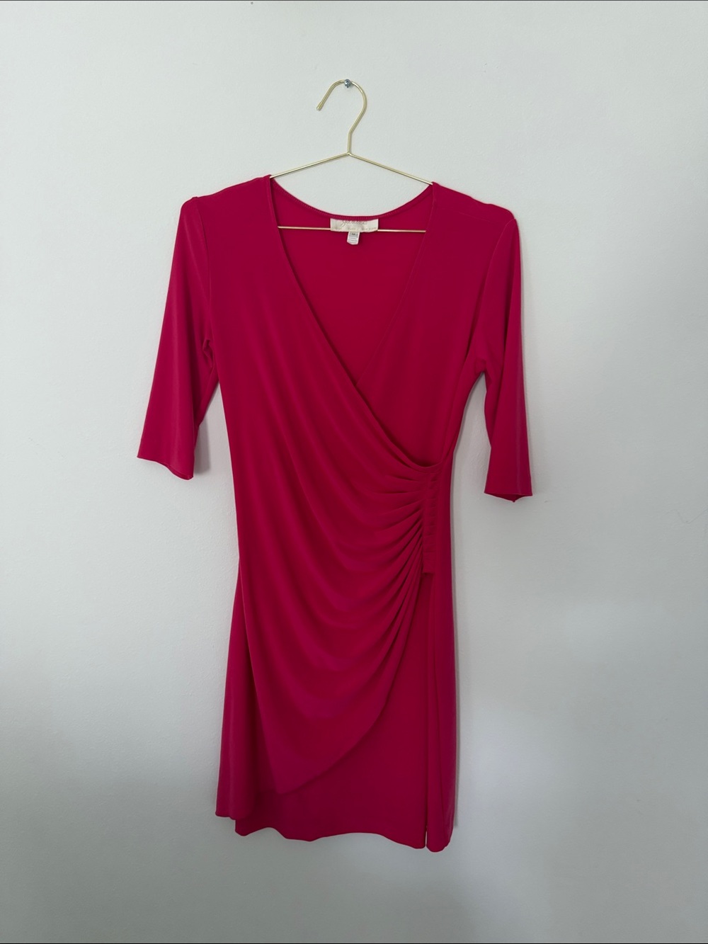 Janine Vintage Pink Fuchsia Wrap-Style Midi Dress with Ruched Side medium